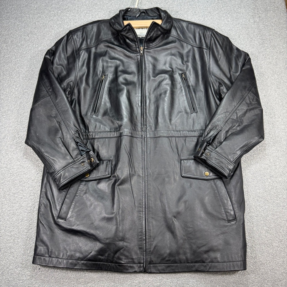 Vintage Orvis Genuine Leather Jacket Men's XL Black Insulated Lined Long Coat